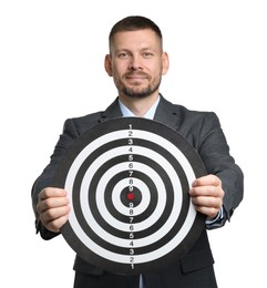 Photo of Targeting. Man with dart board on white background