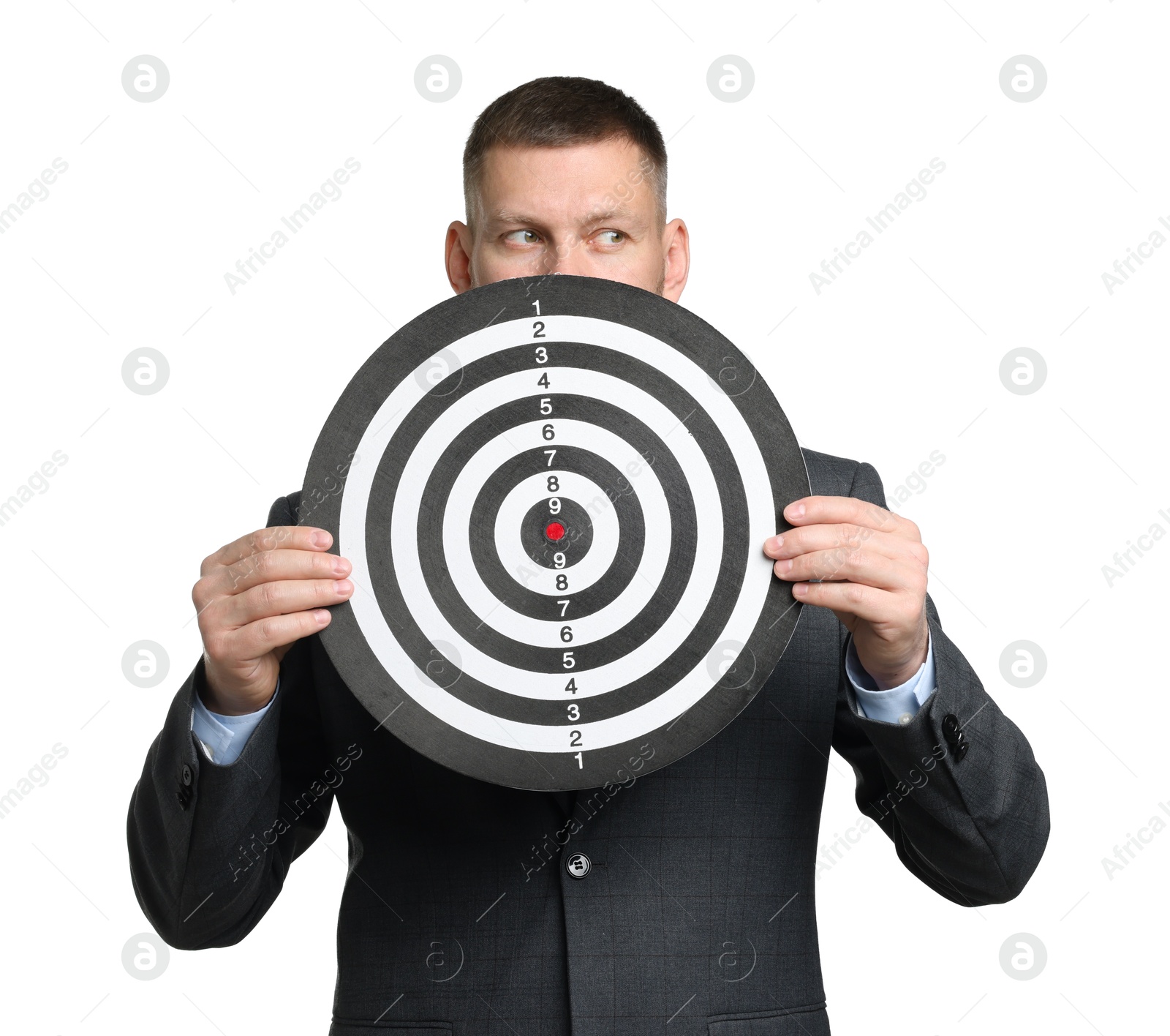 Targeting. Man with dart board on white background Photo of Targeting. Man with dart board on white background