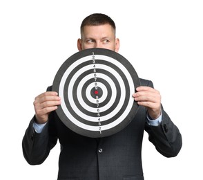 Photo of Targeting. Man with dart board on white background