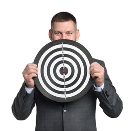 Photo of Targeting. Man with dart board on white background