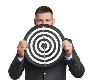 Photo of Targeting. Man with dart board on white background