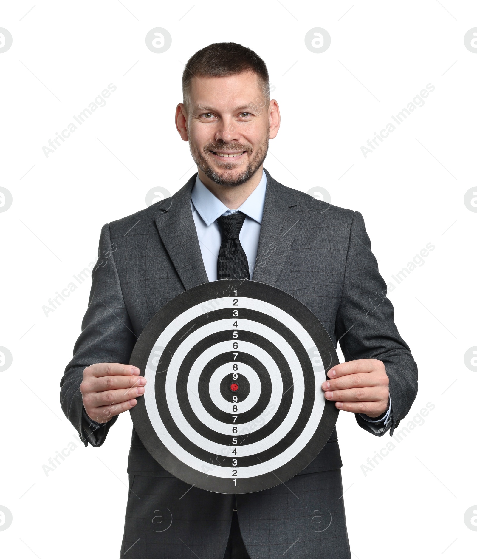Targeting. Man with dart board on white background Photo of Targeting. Man with dart board on white background