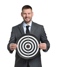 Photo of Targeting. Man with dart board on white background