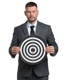 Photo of Targeting. Man with dart board on white background