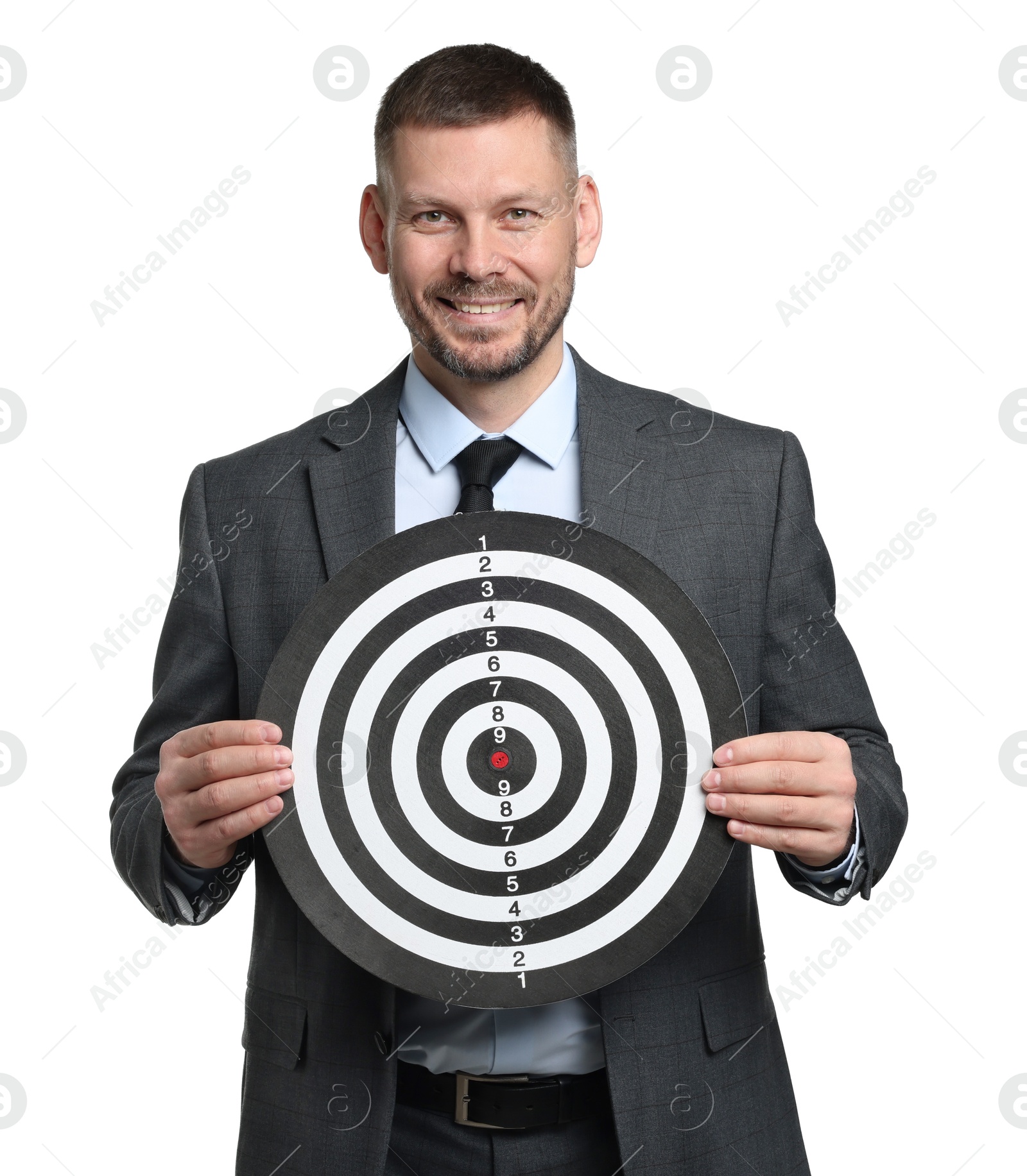 Targeting. Man with dart board on white background Photo of Targeting. Man with dart board on white background