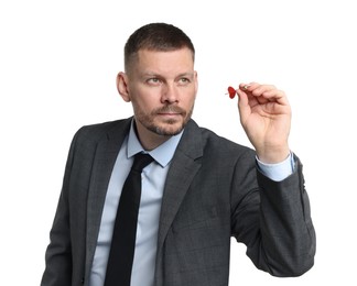 Photo of Targeting. Man with dart aiming on white background
