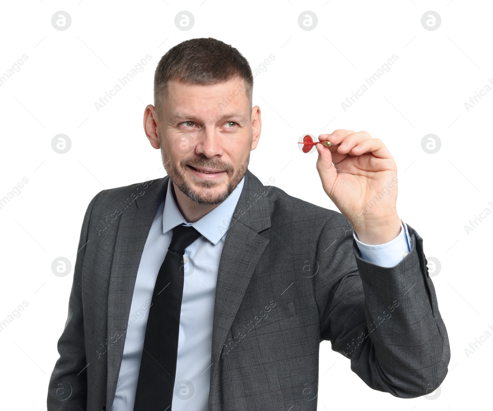 Targeting. Man with dart aiming on white background Photo of Targeting. Man with dart aiming on white background