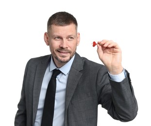 Photo of Targeting. Man with dart aiming on white background