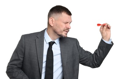 Photo of Targeting. Man with dart aiming on white background