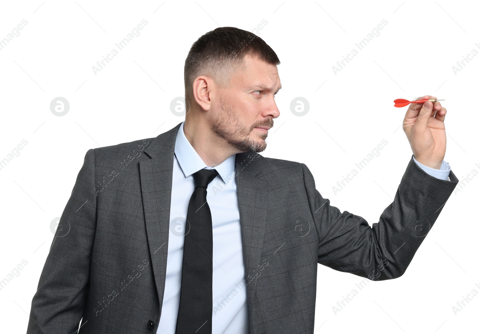 Targeting. Man with dart aiming on white background Photo of Targeting. Man with dart aiming on white background