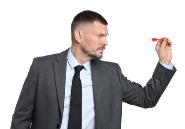 Photo of Targeting. Man with dart aiming on white background
