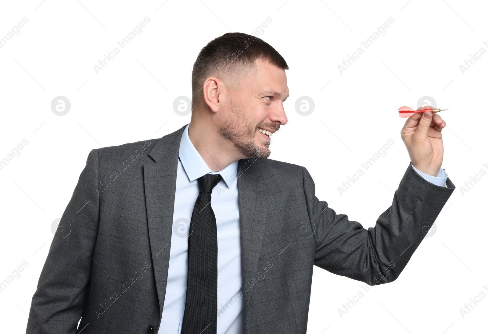 Targeting. Man with dart aiming on white background Photo of Targeting. Man with dart aiming on white background