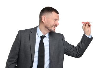 Photo of Targeting. Man with dart aiming on white background