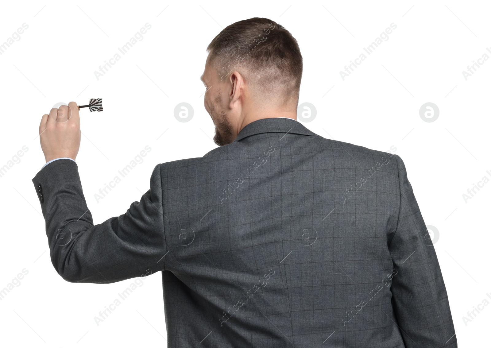 Targeting. Man with dart aiming on white background, back view Photo of Targeting. Man with dart aiming on white background, back view