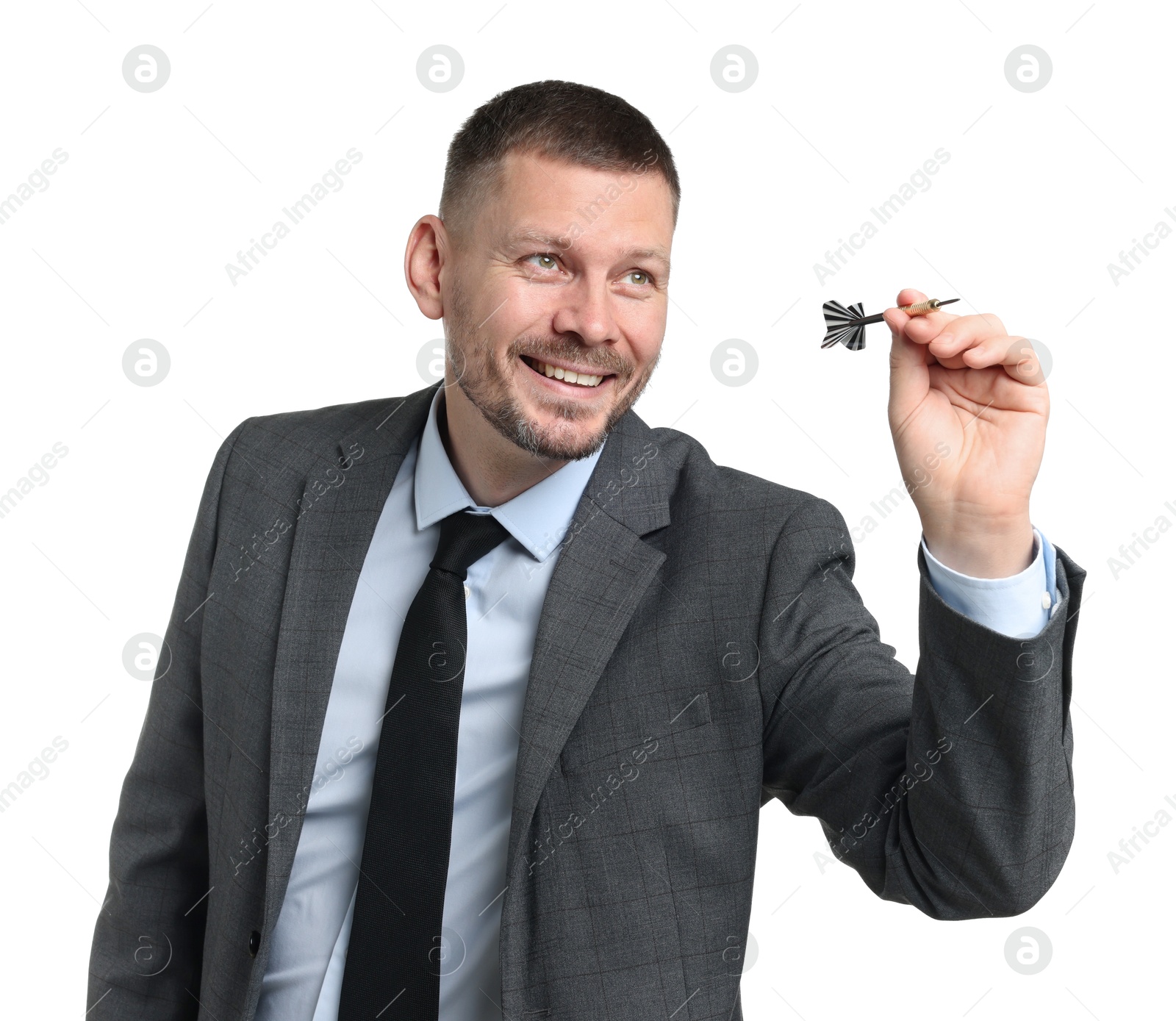Targeting. Man with dart aiming on white background Photo of Targeting. Man with dart aiming on white background