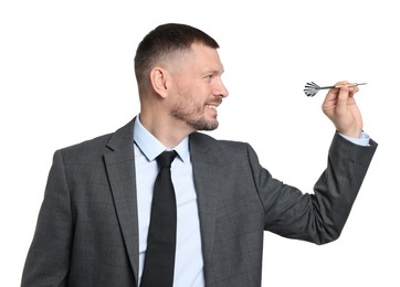 Photo of Targeting. Man with dart aiming on white background