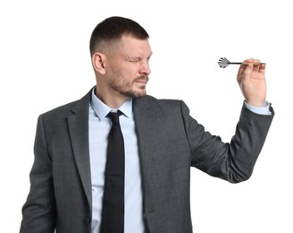 Photo of Targeting. Man with dart aiming on white background