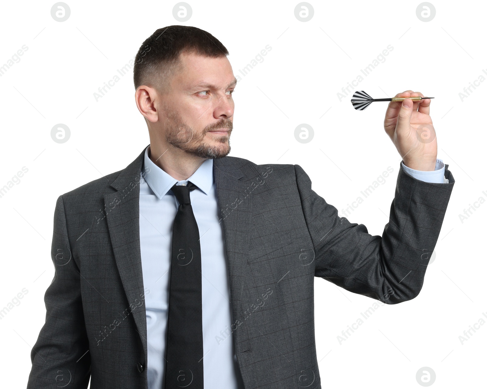 Targeting. Man with dart aiming on white background Photo of Targeting. Man with dart aiming on white background