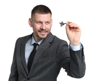 Photo of Targeting. Man with dart aiming on white background