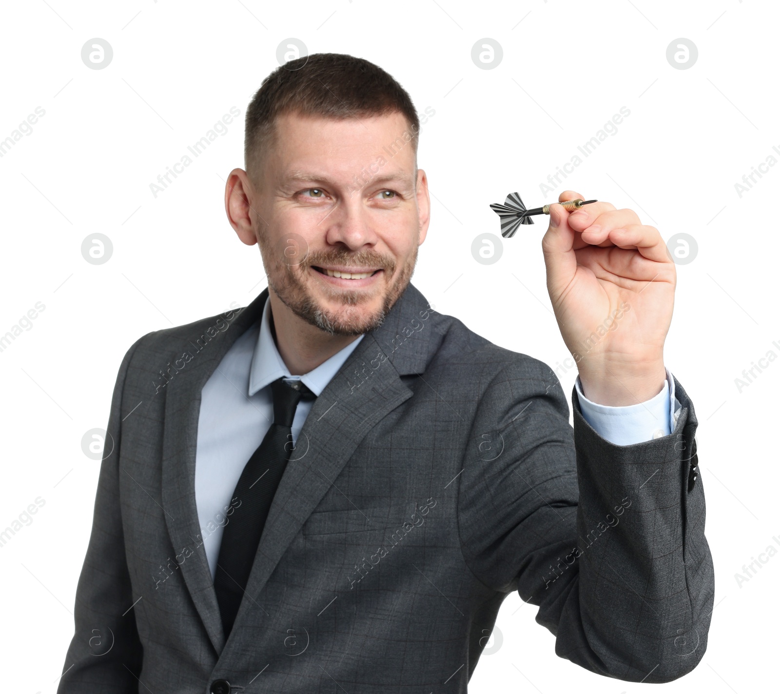 Targeting. Man with dart aiming on white background Photo of Targeting. Man with dart aiming on white background