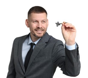 Photo of Targeting. Man with dart aiming on white background
