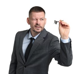 Photo of Targeting. Man with dart aiming on white background