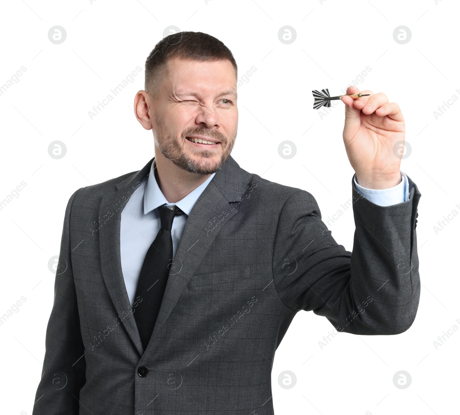Targeting. Man with dart aiming on white background Photo of Targeting. Man with dart aiming on white background