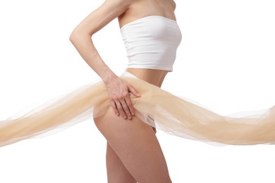 Photo of Young woman with beautiful fabric on white background, closeup