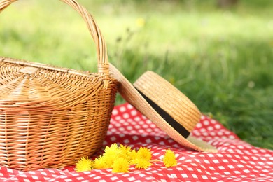 Photo of Wicker basket, dandelion flowers, straw hat and blanket on green grass outdoors