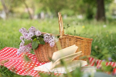 Photo of Books, blanket and wicker basket with lilac flowers on green grass outdoors