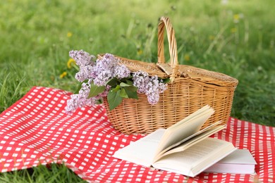Photo of Books, blanket and wicker basket with lilac flowers on green grass outdoors