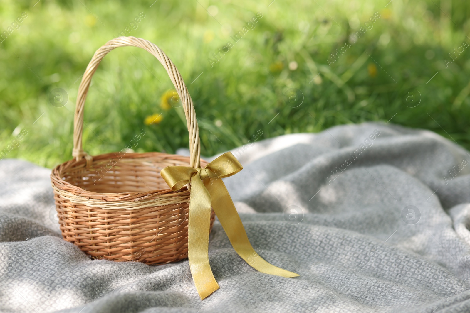 Wicker basket on blanket outdoors. Space for text Photo of Wicker basket on blanket outdoors. Space for text