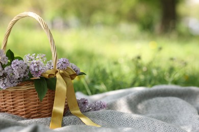 Photo of Wicker basket with lilac flowers on blanket outdoors. Space for text