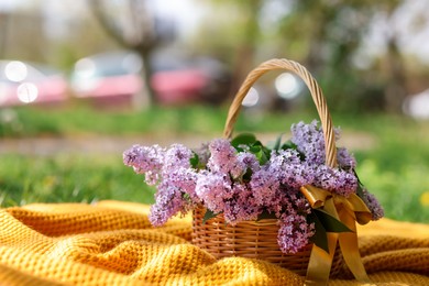 Photo of Wicker basket with lilac flowers on blanket outdoors, closeup