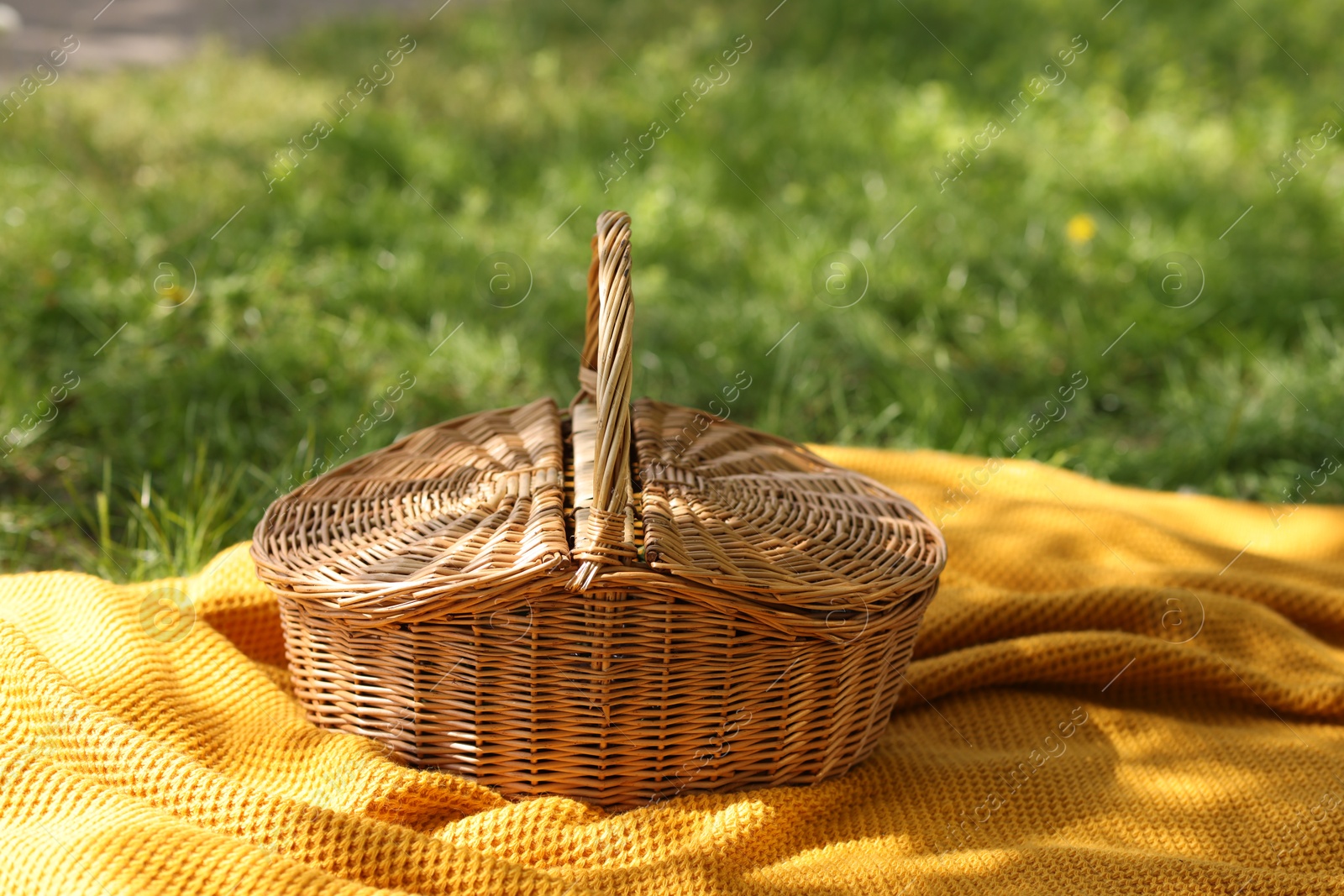 Wicker basket and blanket on green grass outdoors Photo of Wicker basket and blanket on green grass outdoors