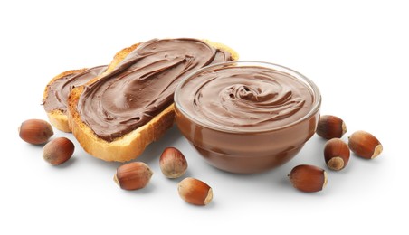 Photo of Toasts with tasty chocolate spread and hazelnuts isolated on white