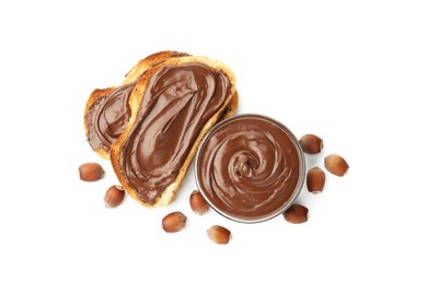 Photo of Toasts with tasty chocolate spread and hazelnuts isolated on white, top view