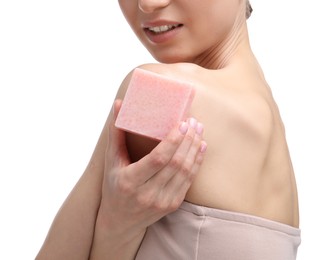 Photo of Woman with soap bar on white background, closeup