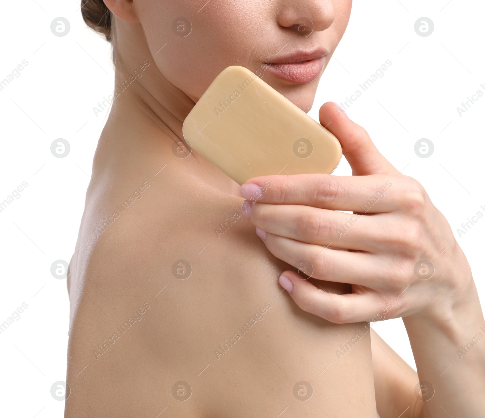 Woman with soap bar on white background, closeup Photo of Woman with soap bar on white background, closeup