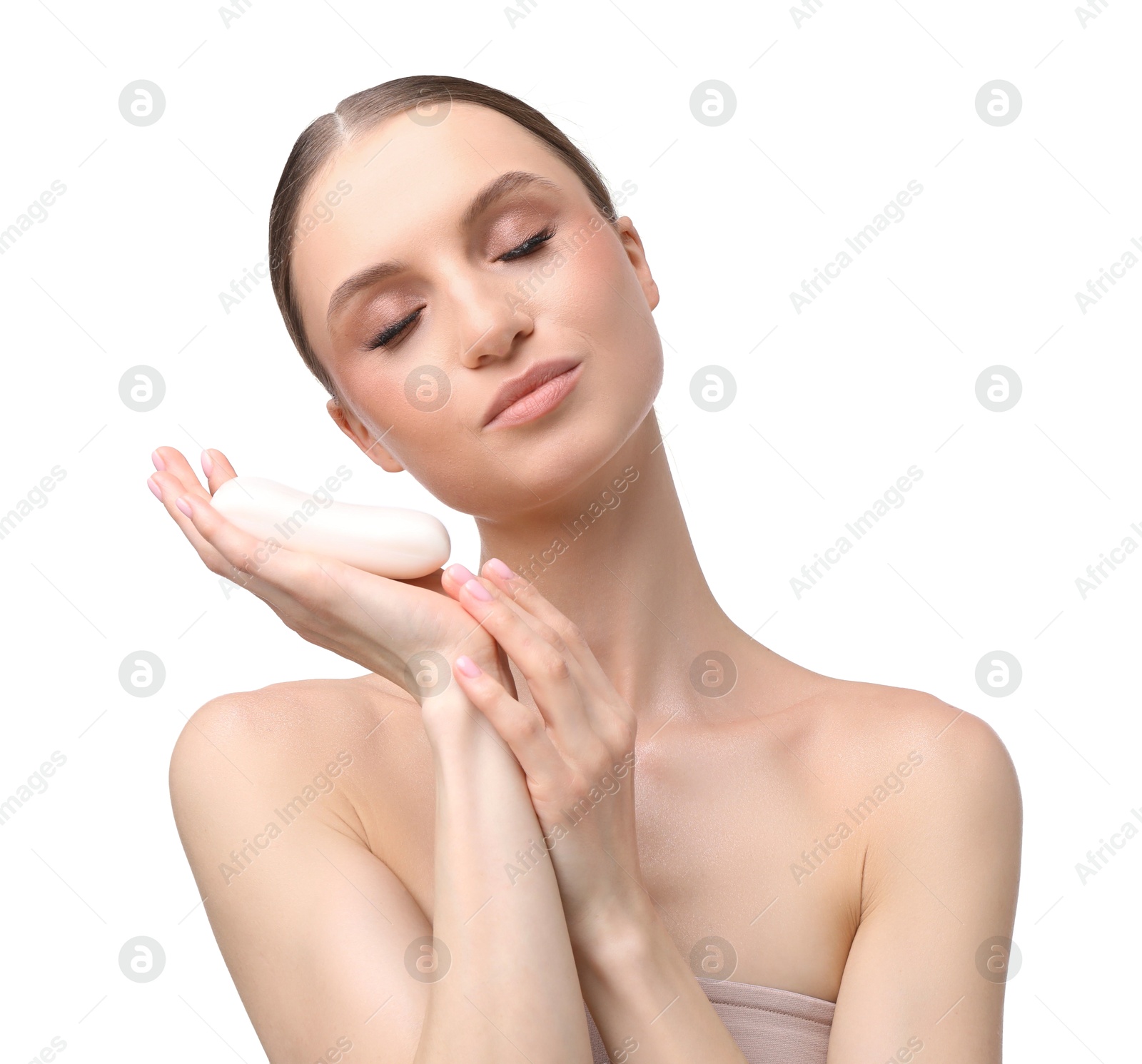 Beautiful woman with soap bar on white background Photo of Beautiful woman with soap bar on white background