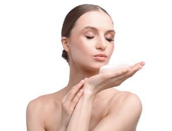 Photo of Beautiful woman with soap bar on white background