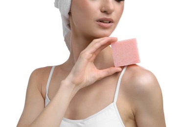 Photo of Woman with soap bar on white background, closeup