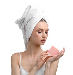 Photo of Beautiful woman with soap bar on white background