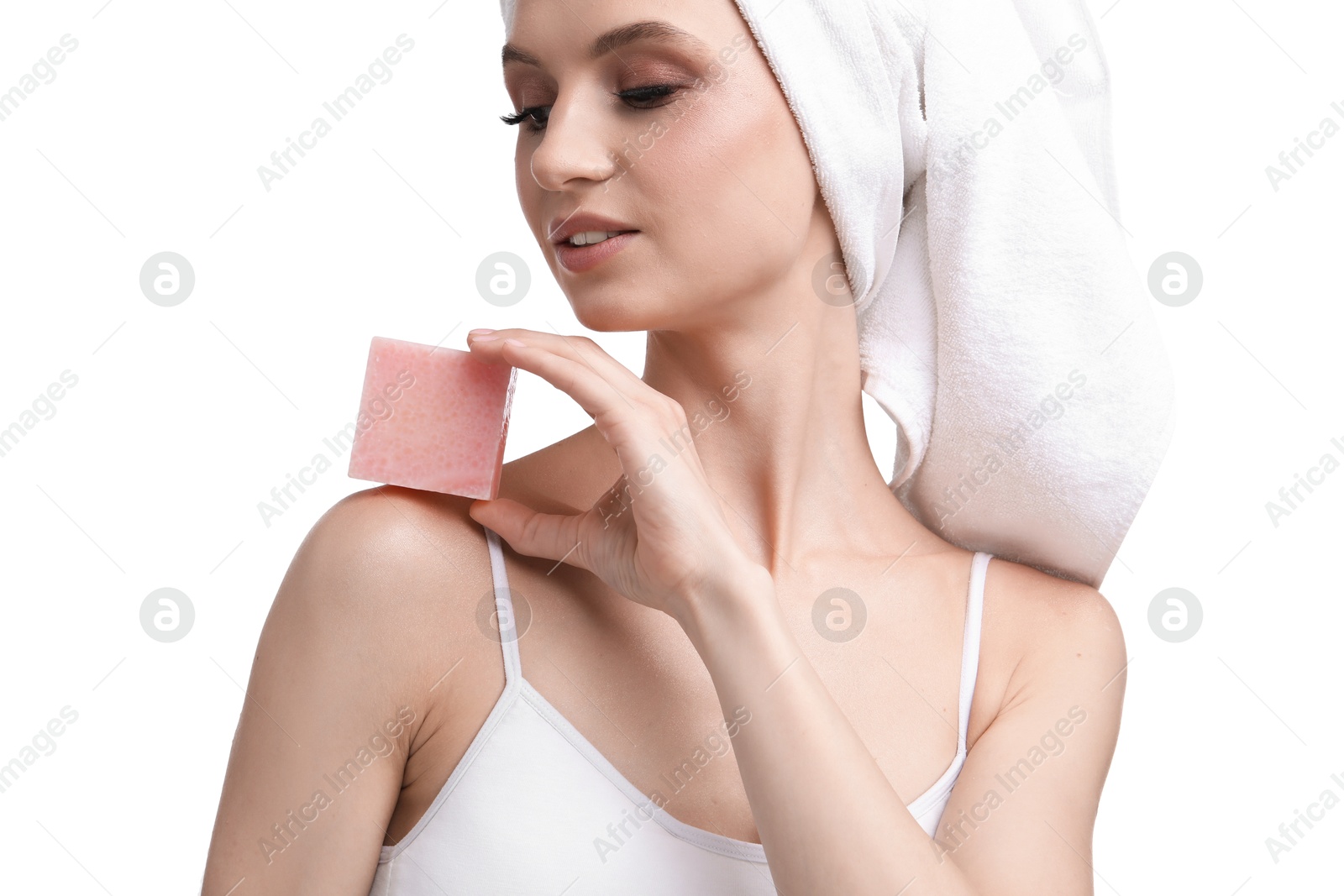 Beautiful woman with soap bar on white background Photo of Beautiful woman with soap bar on white background