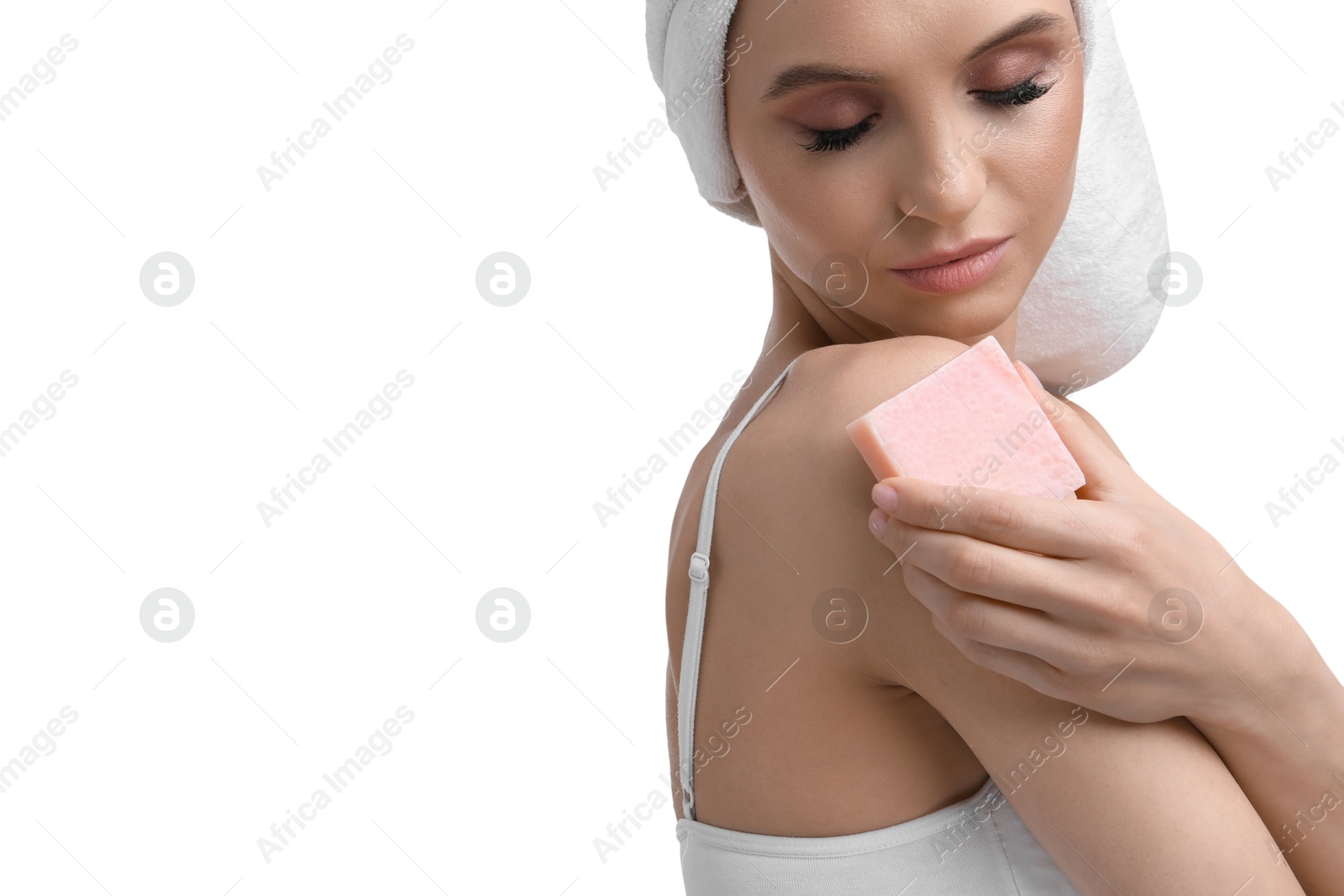 Beautiful woman with soap bar on white background Photo of Beautiful woman with soap bar on white background