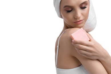 Photo of Beautiful woman with soap bar on white background
