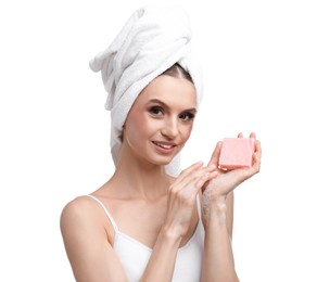 Photo of Smiling woman with soap bar on white background