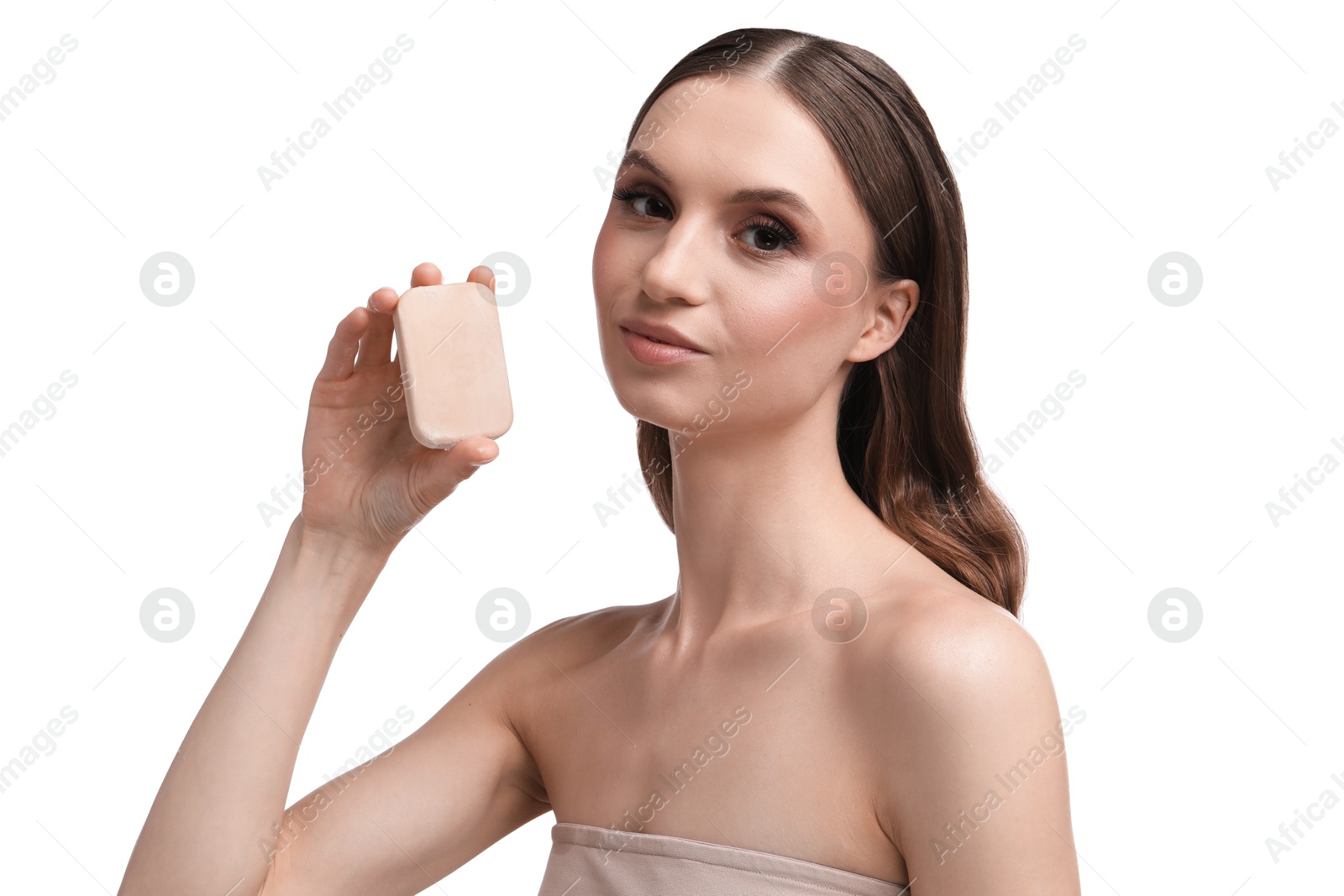 Beautiful woman with soap bar on white background Photo of Beautiful woman with soap bar on white background