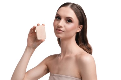 Photo of Beautiful woman with soap bar on white background