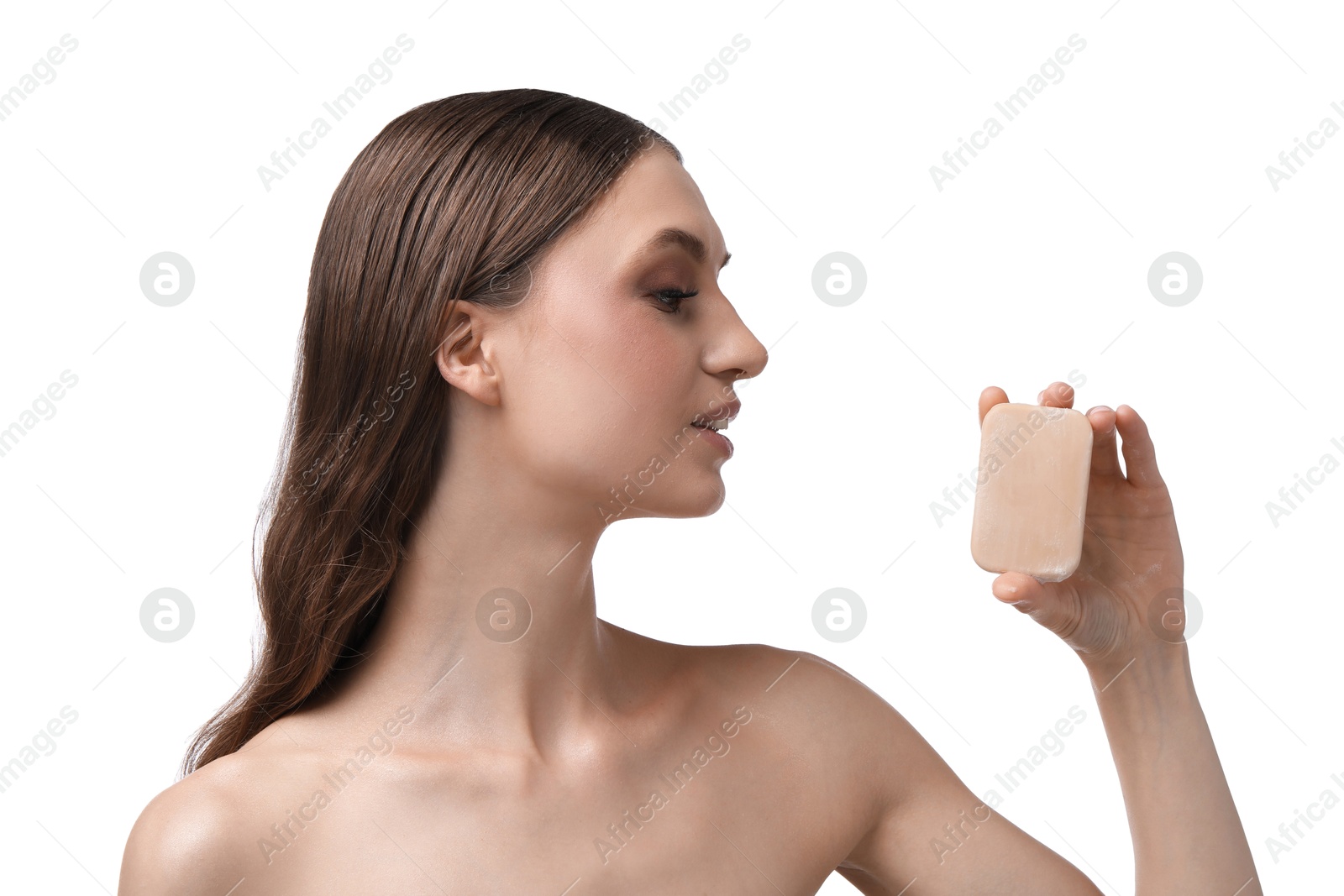 Beautiful woman with soap bar on white background, closeup Photo of Beautiful woman with soap bar on white background, closeup